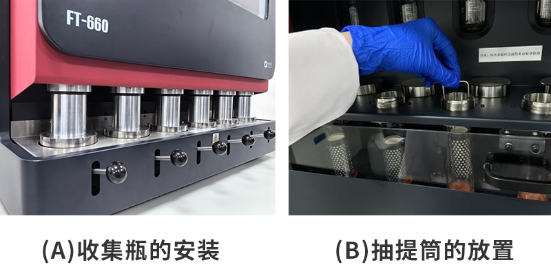 (a)收集瓶的安裝；(b)抽提筒的放置